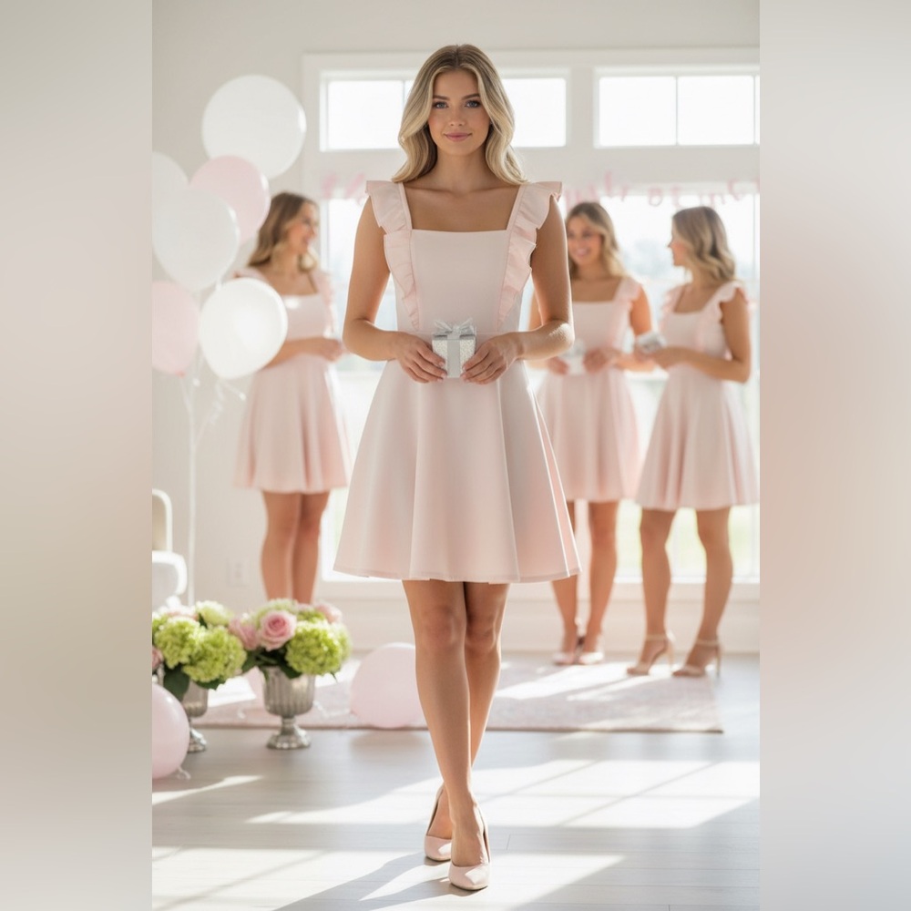 BCBG Paris Blush Pink Ruffle Strap Fit & Flare Dress Size L - Picture 3 of 12